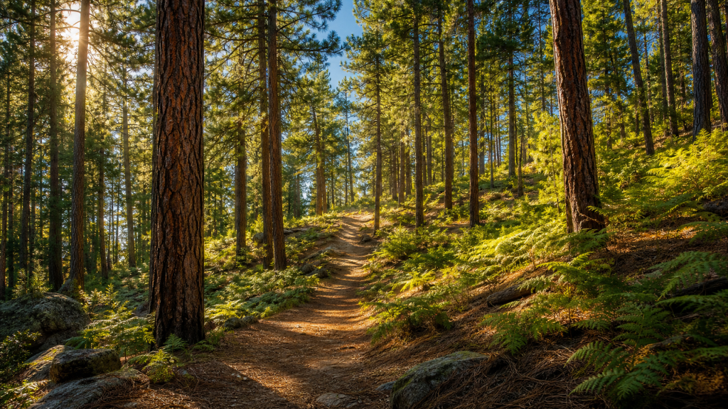 Ponderosa pine forest trail in Munds Park, Arizona — morning light filtering through tall pine trees