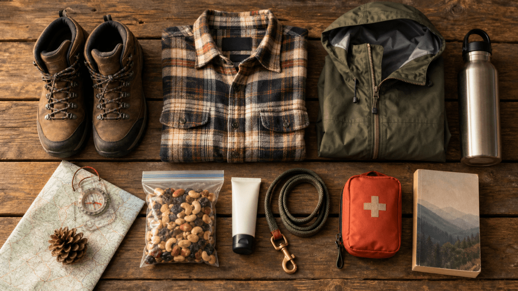 Flat-lay packing spread for a mountain cabin trip including hiking boots, layers, rain jacket, water bottle, and dog leash