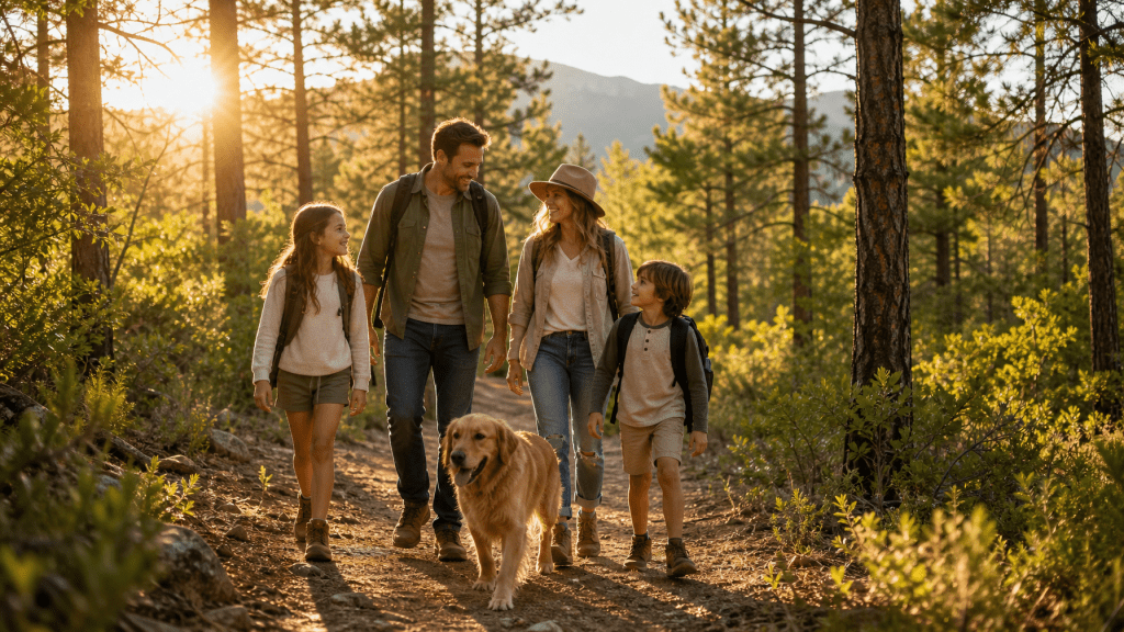 Family with dog hiking a pine-shaded forest trail in Munds Park, Arizona at golden hour