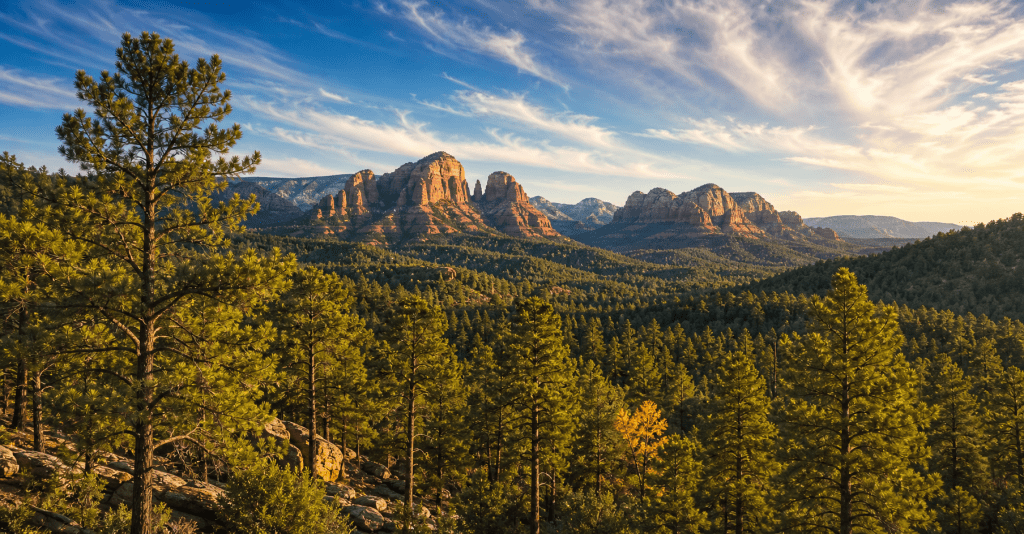 Aerial view of Arizona ponderosa pine forest with red rock formations in the distance near Munds Park