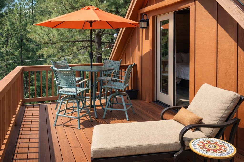 Munds Park Cozy Cabin elevated deck with mountain and pine forest views, ideal for evening stargazing