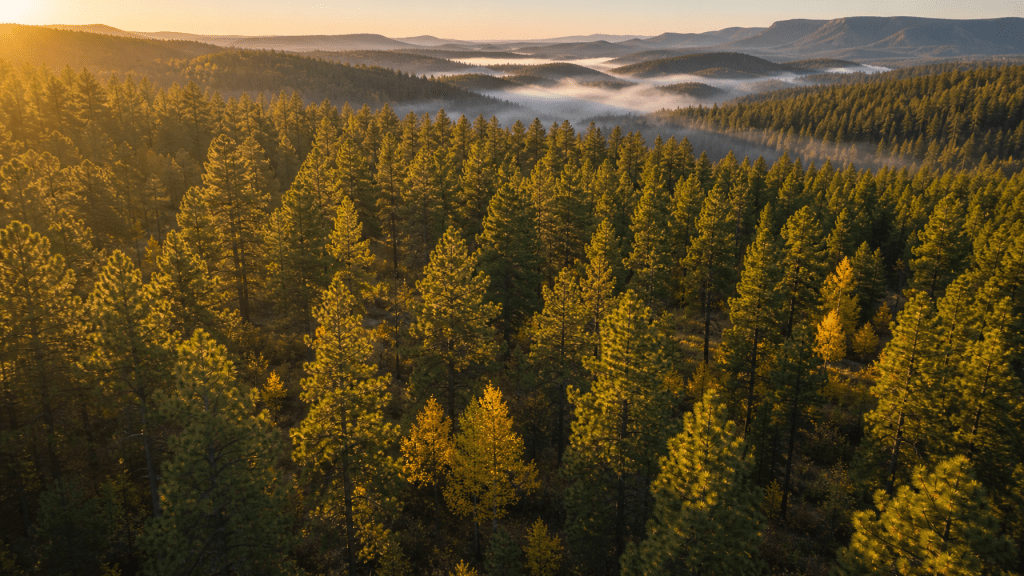 Ponderosa pine forest in the Arizona mountains with autumn golden foliage and morning mist