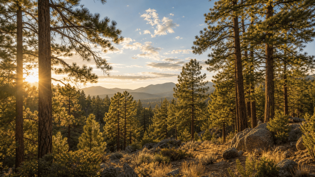 Ponderosa pine forest in Arizona mountain country at golden morning light
