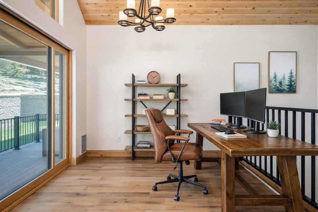 Bluejay Getaway loft home office with dual monitors and wood-vaulted ceiling in Munds Park, AZ